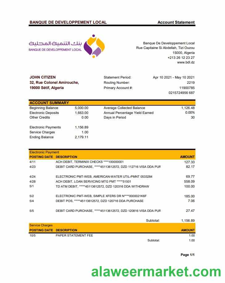 Algeria Banque De Developpement Local Bank Statement xls